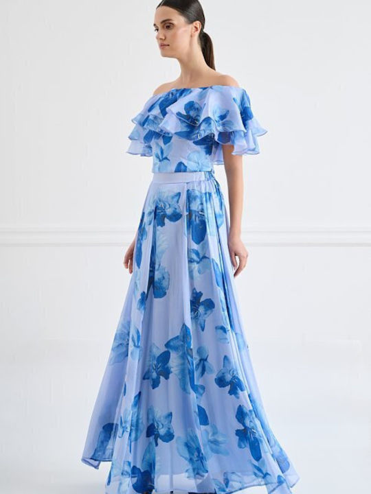 Women's Blouse Off-Shoulder with Neckline with Zipper Floral Sky Blue