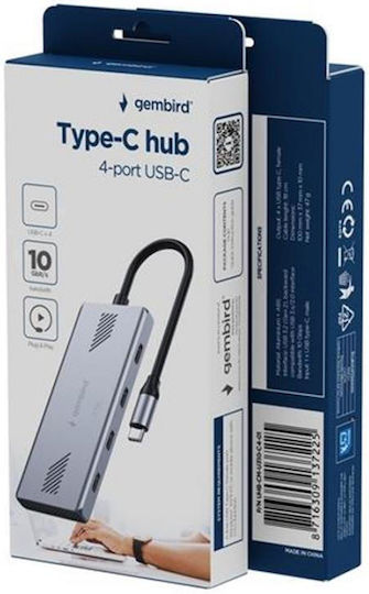 Gembird Hub 4 Θυρών USB 2.0 με σύνδεση USB-C Ασημί