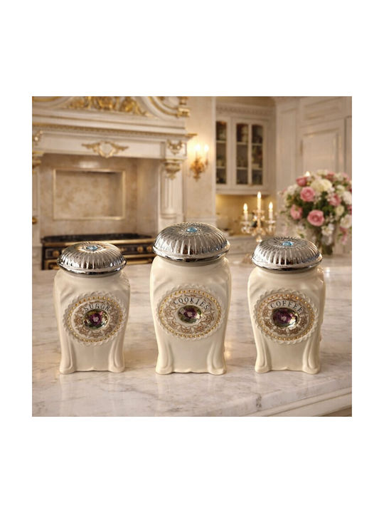 Karvounis Set of 3pcs Jars Coffee with Lid Ceramic Beige