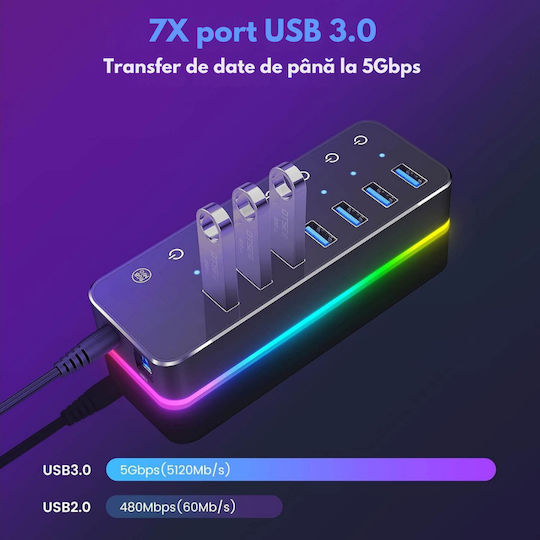 Hub USB 3.0 cu 14 Porturi cu Conectare USB-A / USB-C Roșu