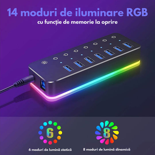 Hub USB 3.0 cu 14 Porturi cu Conectare USB-A / USB-C Roșu