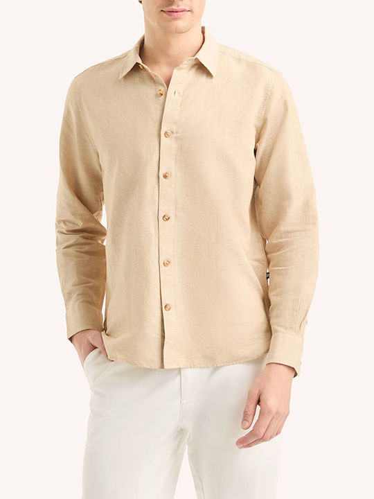 Nautica Langärmeliges Leinen-Herrenhemd in Normale Passform Beige Nautica Langärmeliges Leinen-Herrenhemd in Normale Passform Beige