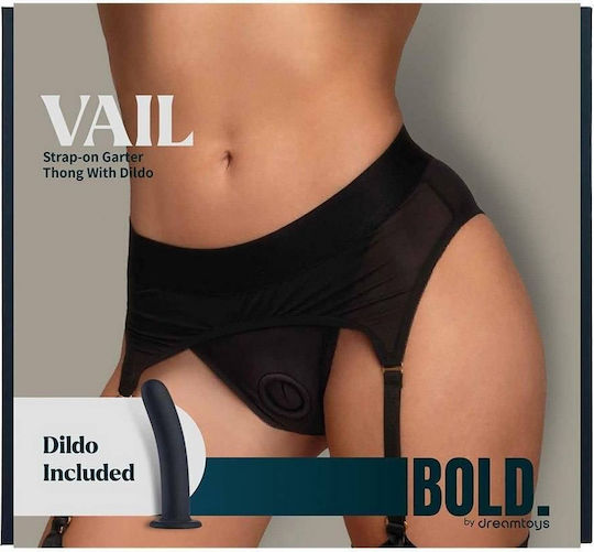 Black Underwear Strap On Garters & Silicone Dildo Dreamtoys Bold Vail Strap On Garter Thong Dildo Black 15.5cm
