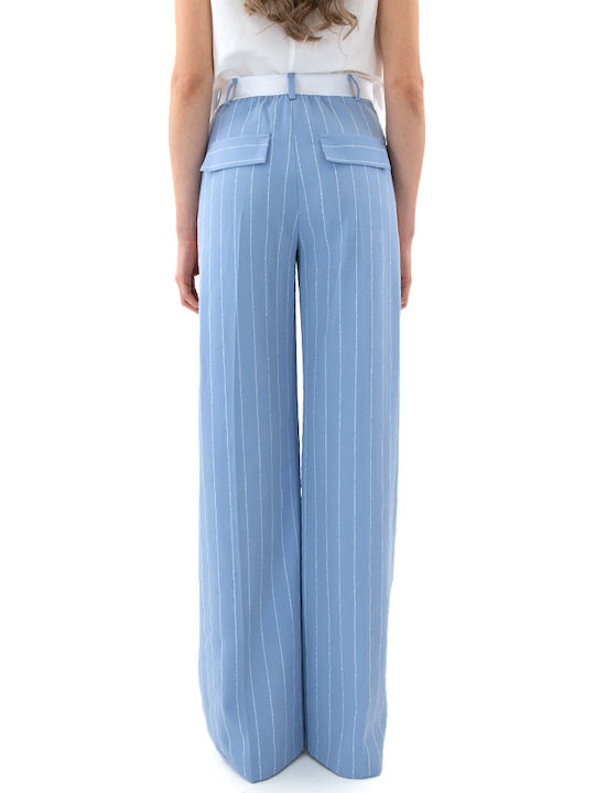 C. Manolo Pants Women C.manolo High Rise Fabric Trousers with Rubber Band in Straight Leg Style Striped White-Blue C. Manolo Pants Women C.manolo High Rise Fabric Trousers with Rubber Band in Straight Leg Style Striped White-Blue