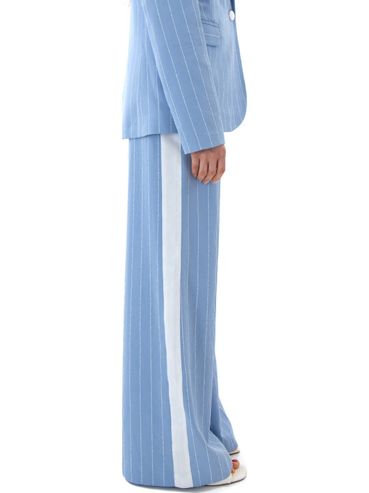 Pants Women C.manolo High Rise Fabric Trousers with Rubber Band in Straight Leg Style Striped White-Blue