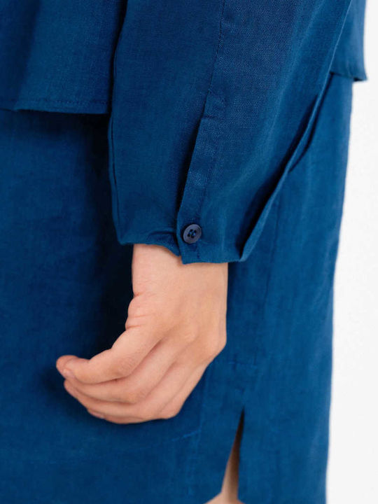 Long Sleeve Women's Linen Shirt Blue