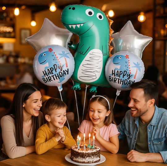 Set 5 Baloane Rotunde Zi De Naștere Dinozauri Folie Multicolore