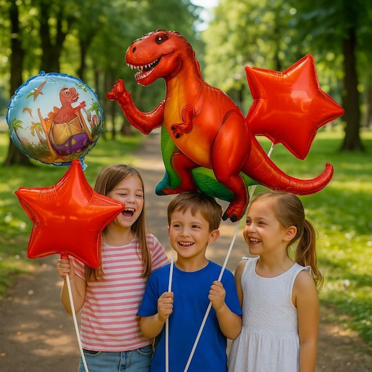 Set 5 Baloane Rotunde Zi De Naștere Dinozauri Folie Roșii Jumbo Cu LED 94 cm
