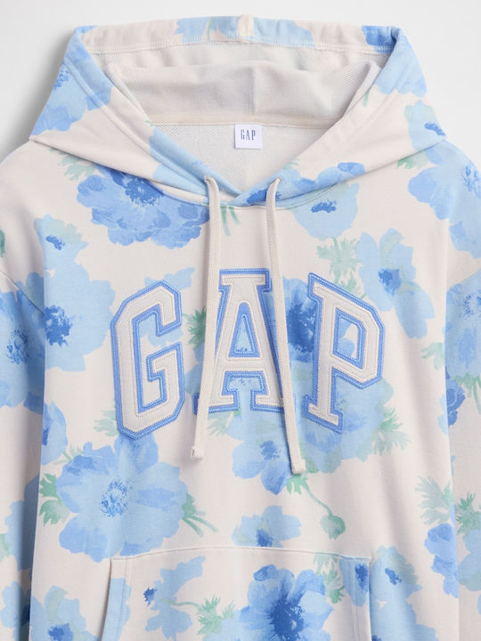 Μακρύ Γυναικείο Φούτερ με Κουκούλα White Blue Floral