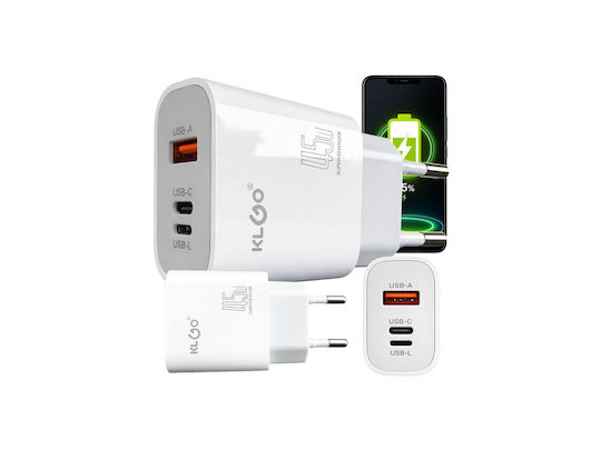 KLGO Charger Without Cable with USB-A Port and 2 USB-C Ports 45W Whites (PD-68)