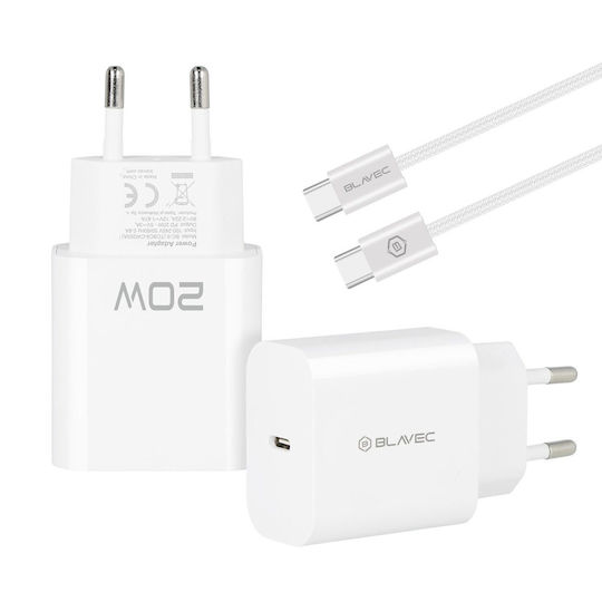 Blavec Ladegerät mit integriertem Kabel mit USB-C Anschluss USB-C - USB-C 20W Stromlieferung / Schnellaufladung 3.0 Weißs (BC-9)