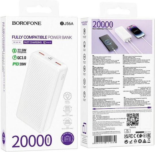 Borofone BJ56A Power Bank 10000mAh 22.5W with 2 USB-A Output Ports White
