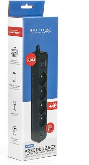 Montis Πολύπριζο 4 Θέσεων με USB-A και Καλώδιο 5m