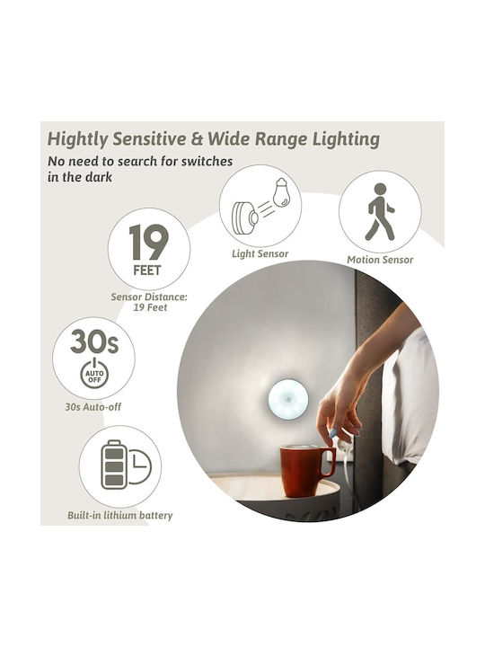 Lampă De Perete Led Senzor De Mișcare Montare Magnetică Încărcare Usb Baterie Reîncărcabilă Lumină Alb Rece Plastic Diametru 8.5 Cm Albă
