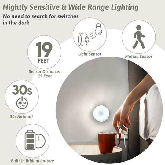 Led Wall Lamp Motion Sensor Magnetic Mount Usb Charging Rechargeable Battery Cool White Light Plastic 8.5 Cm Diameter White
