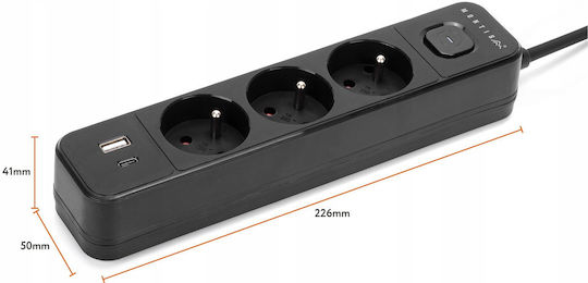 Montis Power Strip 3 Sockets with USB-A and 5m Cable