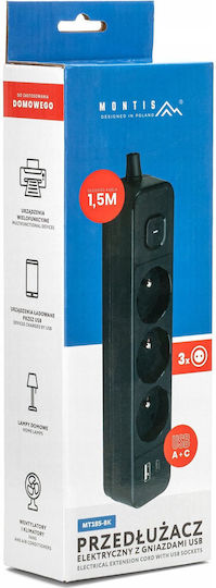 Montis Πολύπριζο 3 Θέσεων με USB-A και Καλώδιο 1.5m