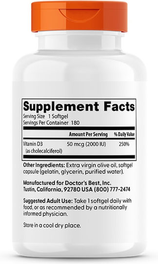 Doctor's Best Vitamin D3 Βιταμίνη για Ενίσχυση του Ανοσοποιητικού & την Υγεία των Οστών 2000iu 180 μαλακές κάψουλες