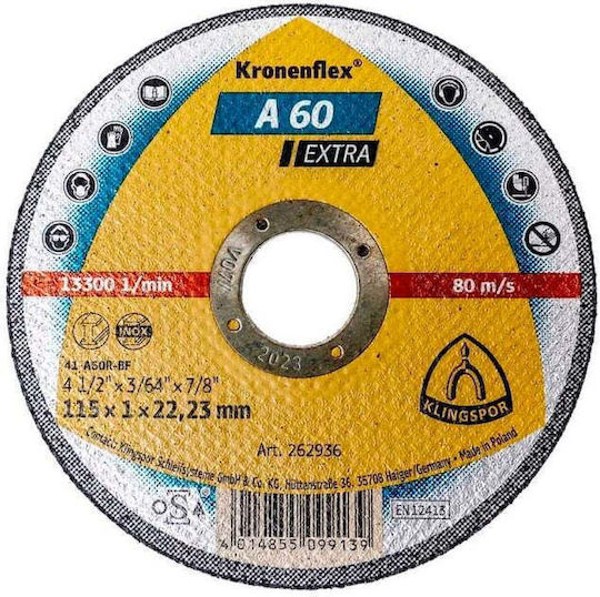 Disc De Tăiere Klingspor A60 Extra Oțel Inoxidabil 115 X 1 X 22.23mm D 262936
