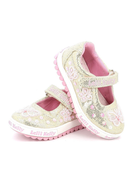 Kids Ballerinas with Adjustable Metal Clasp Fabric Gold