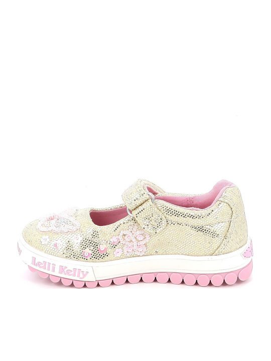 Kids Ballerinas with Adjustable Metal Clasp Fabric Gold