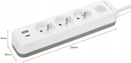 Montis Захранваща Лента 3 Гнезда с USB-A и Кабел 5m