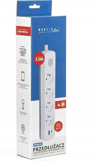 Montis Steckdosenleiste 4 Steckdosen mit USB-A und Kabel 3m