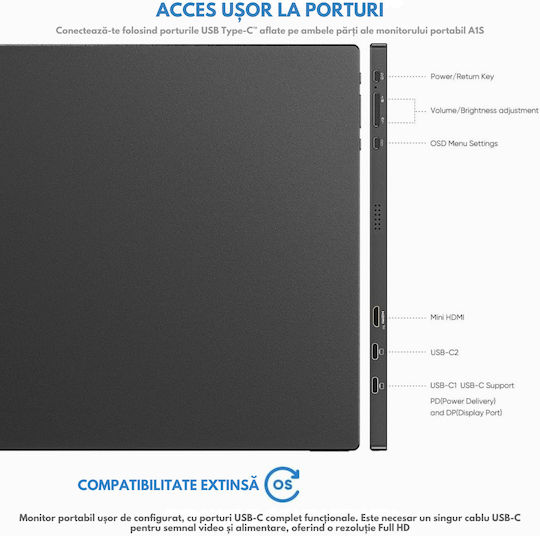 Qova Arzopa A1S IPS HDR Monitor Portabil 14" FHD 1920x1080 cu Timp de Răspuns 25ms GTG