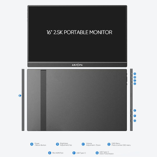 Qova Arzopa Z1RC IPS HDR Portable Monitor 16" QHD 2560x1600 Gray