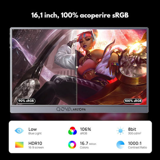 Qova Z1FC HDR Portable Monitor 16.1" FHD 1920x1080 144Hz Gray