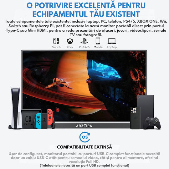 Qova Arzopa A1 Max IPS HDR Monitor Portabil 17.3" FHD 1920x1080 Gri