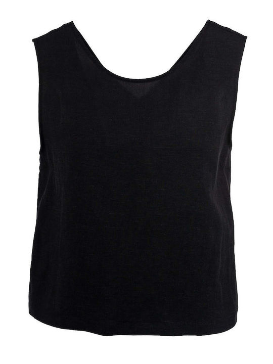 Women's Summer Linen Sleeveless Blouse with V Neckline Black