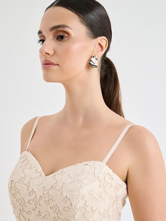 Peplum Summer Midi Dress for Wedding / Christening Strapless with Lace Beige