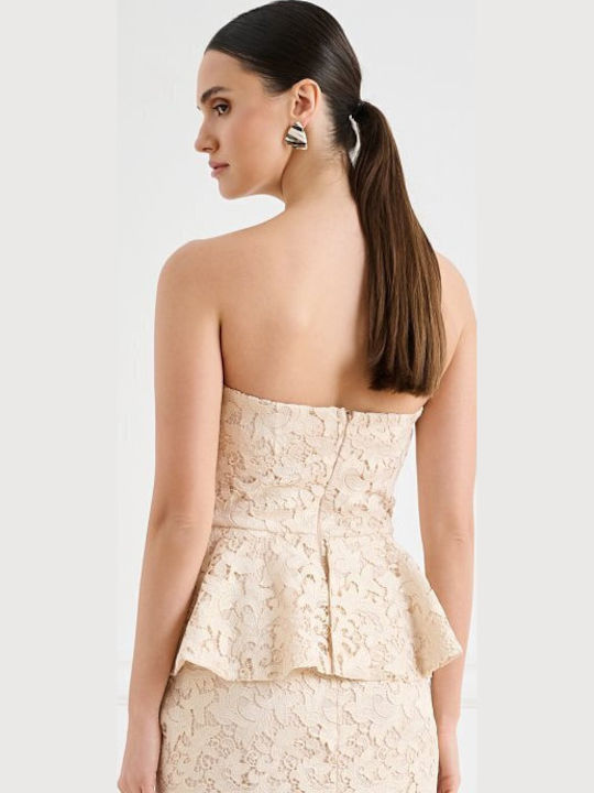 Peplum Summer Midi Dress for Wedding / Christening Strapless with Lace Beige