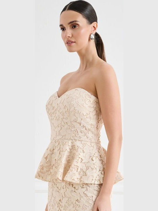 Peplum Summer Midi Dress for Wedding / Christening Strapless with Lace Beige