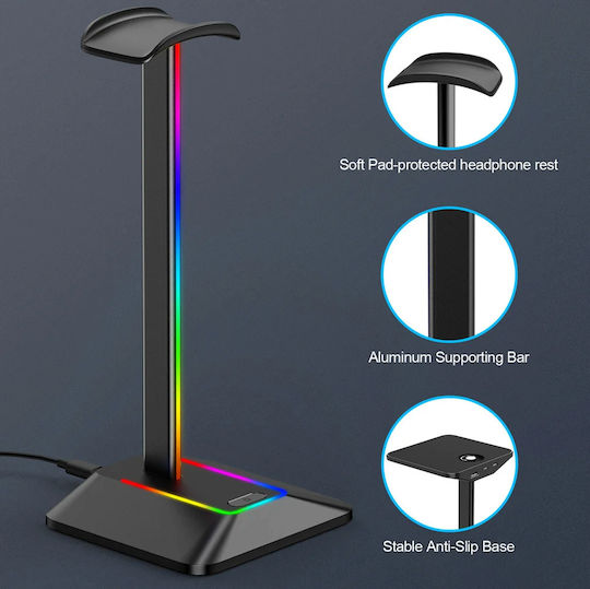 Suport Pentru Căști On-ear Iluminare LED RGB Zola Multifuncțional 2 Porturi USB 2.0 Încorporate Cablu Alimentare Aluminiu Plastic 12.3 X 10.3 X 26.7 Cm Negru