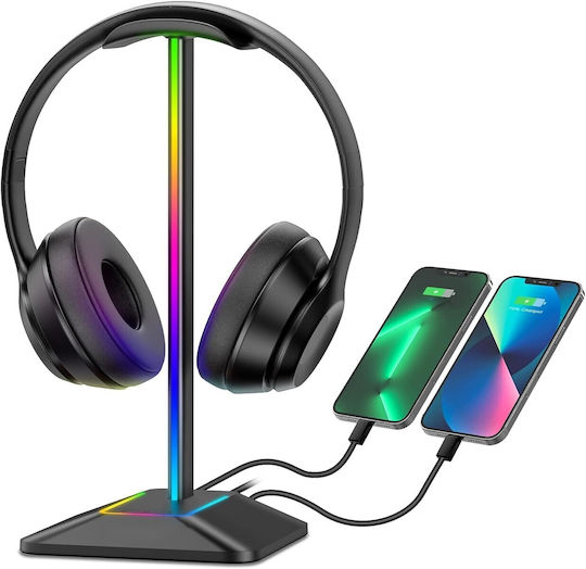 Suport Pentru Căști On-ear Iluminare LED RGB Zola Multifuncțional 2 Porturi USB 2.0 Încorporate Cablu Alimentare Aluminiu Plastic 12.3 X 10.3 X 26.7 Cm Negru