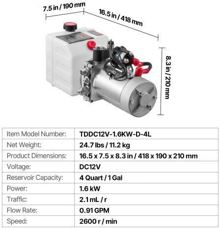 Vevor Hydraulic Power Unit 4 L Tipper Trailer Single Acting Maximum Pressure 22 Mpa & Flow Rate 3.4 L Min Hydraulic Pump Dc 12v Metal Reservoir Tipper Trailers Car Lifting