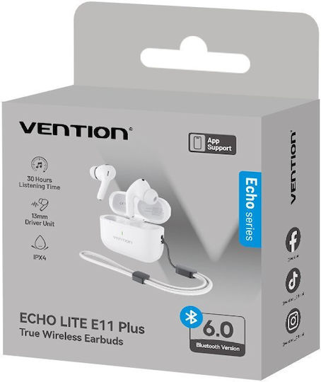 Vention Echo Lite E11 Plus In-ear Bluetooth Handsfree Ακουστικά με Αντοχή στον Ιδρώτα και Θήκη Φόρτισης Λευκά