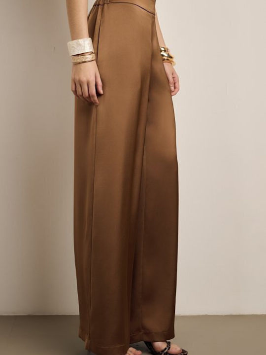 Women's Satin Trousers with Rubber Band in Loose Fit Brown