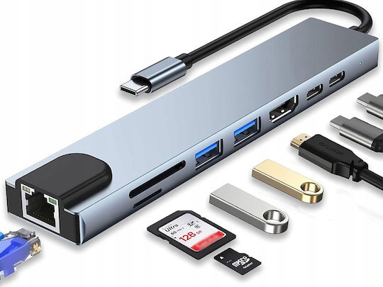 USB 3.0 Hub 10 Ports with USB-A / Ethernet Connection & Gray Charging Port