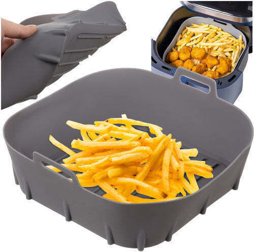 Formă Din Silicon Pentru Air Fryer Cuptor 20 X 20 X 6.5 Cm Mânere Antiaderentă Reutilizabilă Capacitate 1.5l Gri