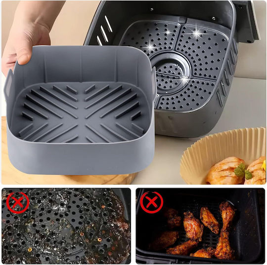 Formă Din Silicon Pentru Air Fryer Cuptor 20 X 20 X 6.5 Cm Mânere Antiaderentă Reutilizabilă Capacitate 1.5l Gri