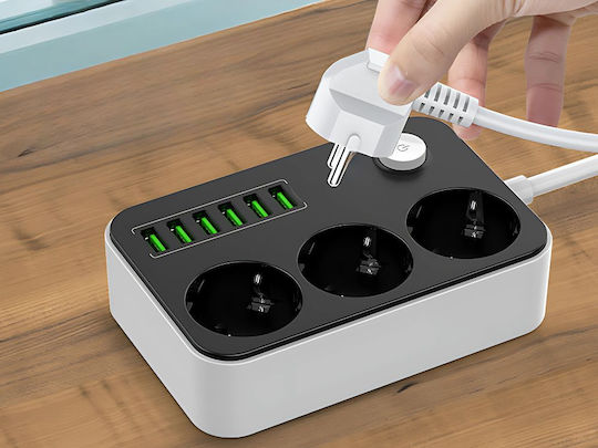 Bandă de Alimentare cu 3 Prize cu USB-A Comutator și Cablu de 2m