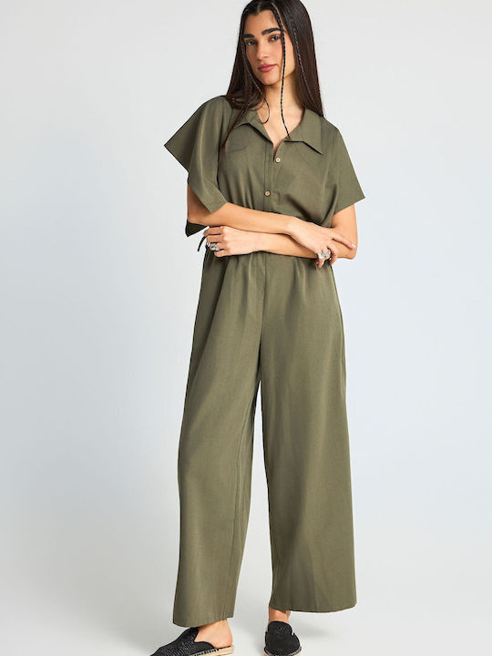 Women's Short Sleeve Khaki Jumpsuit