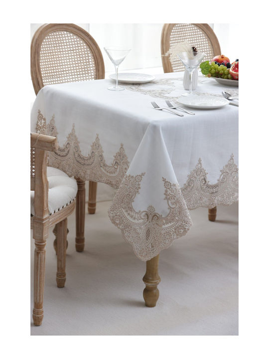Liolios Home Leinen Tischdecke mit Stickerei Pls-7b027 Lt Kaffee 160x220cm