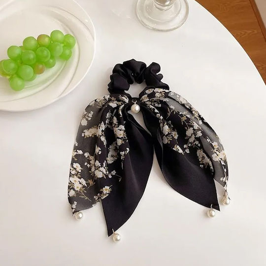 Avizar Scrunchie Eșarfă Lungă Pentru Păr Din Satin Perlă Fluture Subtil Negru Negru