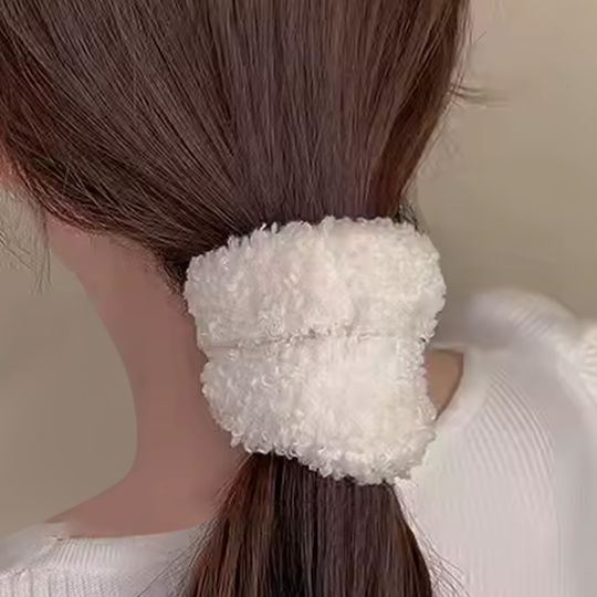 Avizar Ластик За Коса Scrunchie Вълнен От Шенил Мек Уютен Шик Бял Бял