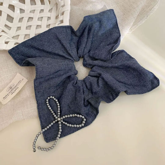 Avizar Scrunchie Maxi Гумена Ластичка За Коса От Мека Дънкова Тъкан Сребърен Възел Тъмносин