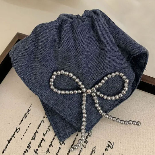 Avizar Scrunchie Maxi Гумена Ластичка За Коса От Мека Дънкова Тъкан Сребърен Възел Тъмносин